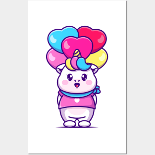 Cute unicorn with love balloon cartoon Posters and Art